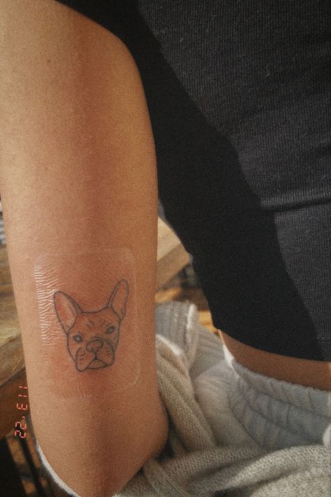 French Bulldog Tattoo Minimalist, Frenchie Tattoos, French Bulldog Tattoo, Bulldog Tattoo, Ankle Tattoo, Red Ink, Tattoo Inspo, Minimalist Tattoo, Jesus Fish Tattoo