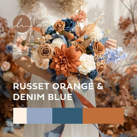 Russet Orange And Denim Blue, Slate Blue And Burnt Orange Wedding, Dusty Blue And Orange Color Palette, Orange And Blue Wedding Colors Colour Palettes, Copper And Dusty Blue Wedding, Blue And Rust Orange Wedding, Dusty Blue And Orange Wedding Theme, Russet Orange And Denim Blue Wedding, Terracotta And Dusty Blue Wedding