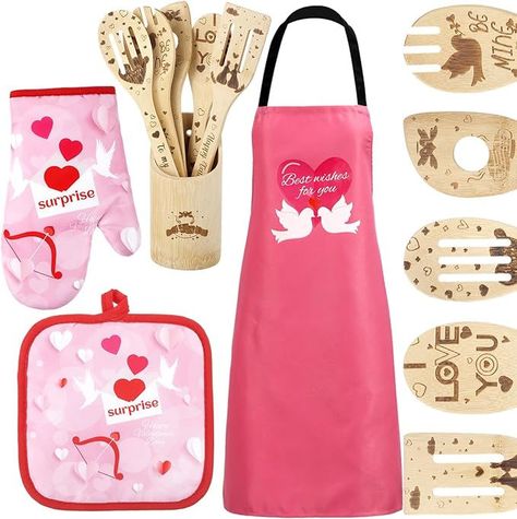 The Cutest Valentine Set Ever! Bamboo Cooking Utensils, Heart Apron, Cooking Gift, Gift Sets For Her, Cooking Set, Gifts For Cooks, Oven Mitt, Kitchen Decoration, Kitchen Cooking