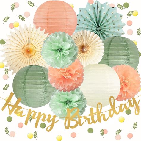 PRICES MAY VARY. Sage Green Pink Party Decorations: 1 pc gold happy birthday banner, 100 pcs olive green peach blush round scatter confetti dots table decoration, 4 pcs 10inch paper pom poms(2 sage, 2 peach pink), 4 pcs 10inch paper lanterns(2 sage, 1 peach, 1 ivory), 3 pcs hanging paper fans(1 sage, 2 cream). Easy to Assemble: The paper pom poms, paper lanterns and paper fans are made of paper, hang them from the ceiling, above a table, under the veranda, or from branches in trees. The quick an Blush Pink And Sage Green Birthday Decorations, Green Pink And Gold Birthday Party Decor, Peach And Green Birthday Party, Green And Pink Birthday Decor, Green And Peach Balloon Garland, Green Birthday Decorations, Sage Green Birthday, Pink Birthday Decorations, Pink Baby Shower Decorations