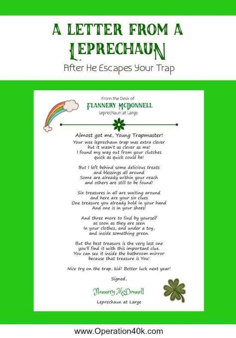 Leprechaun Traps and Printable Letter from operation40k.com Letter From Leprechaun Free Printable, Letter From Leprechaun, Leprechaun Facts, Cbt Therapy Worksheets, Leprechaun Trap Project, Leprechaun Tricks, Saint Patricks Day Art, Leprechaun Trap, St Patrick Day Activities