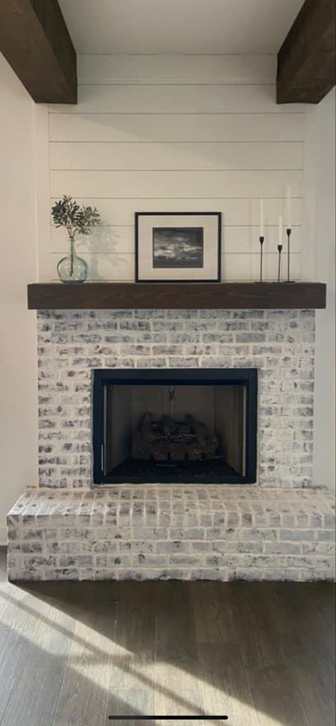 Light Whitewash Brick Fireplace, White Brick Fireplace With Wood Mantle, Brick Fireplace With Wood Mantle, Fireplace With Wood Mantle, Whitewash Brick Fireplace, Whitewashed Brick Fireplace, Red Fireplace, Brick Fireplace Mantles, Whitewash Brick