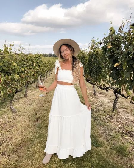 The perfect two-piece set for your next summer winery date! 😍 Original is sold out but the linked items are super similar! Also my Lack of Color lookalike hat is still on sale for $34! http://liketk.it/3g5yc @liketoknow.it #liketkit #LTKsalealert #LTKstyletip #LTKunder50 #ltktravel #ltksummer #ltkseasonal / summer outfit, maxi skirt, crop top Winery Outfit Inspiration, Wine Vineyard Outfit Winter, Bachelorette Vineyard Outfit, Winery Outfit Bachelorette Party, Bachelorette Party Winery Outfit, Winery Dress Outfit Summer, White Winery Outfit, Winery Tour Outfit Summer, Napa Bachelorette Outfit