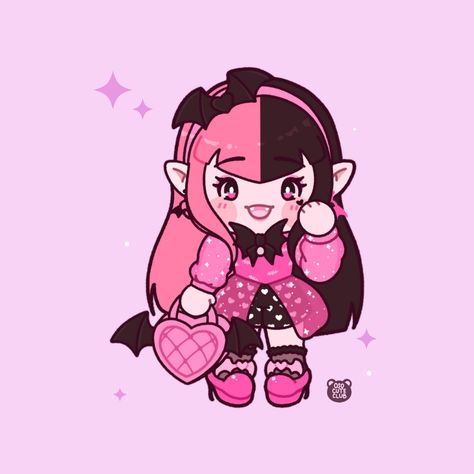 A super deformed/chibi drawing of Draculaura by Osocuteclub. Her skin is light pink with a black heart tattoo under one eye. She has split pink and black hair. She is wearing a pink shirt with semi-transparent pink sleeves. Her shorts are black with a repeating white heart pattern. She is wearing pink high heels and is holding a pink purse that has black bat wings. G3 Draculaura, Monster High Fanart, Draculaura G3, Draculaura Aesthetic, Art Chibi, Monster High Draculaura, Chibi Fanart, Arte Monster High, Moster High