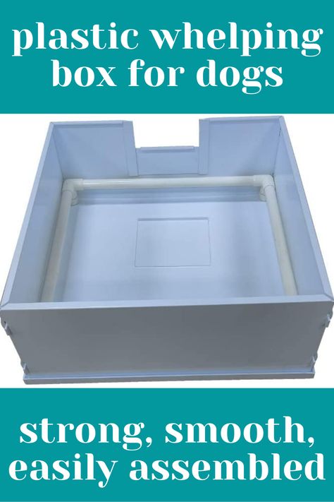 Image of a white plastic whelping box or birthing box for pregnant dogs to feel safe and warm in along with their pups, equipped with pig rails inside to keep the litter from being squashed by their mom or against the walls, with a phrase above the image in white letters against a deep aqua background reading "whelping box for dogs" and under the image a phrase reading "strong, smooth, easily assembled" in white letters against an aqua background. Whelping Box Ideas, Whelping Box, Animal Supplies, Small Animal Supplies, Diy Hanging, Feel Safe, Diy Box, Dog House, Very Well