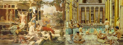 http://banyaniagara.ca/ Roman Bath House, Roman Painting, Bath Paint, Roman Baths, Bath Art, Women Bathing, Roman Art, Tile Murals, Borders For Paper