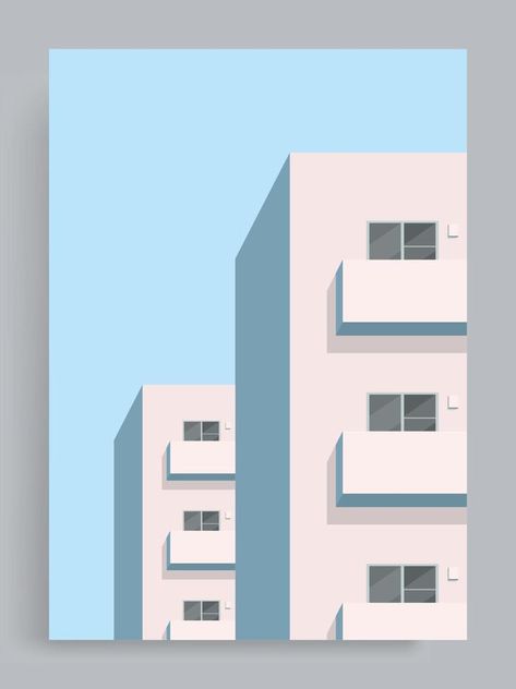 Simple minimalist pastel background. Balcony of purple apartments, buildings, houses, suburb, city. Suitable for posters, book covers, brochures, magazines, flyers, booklets. Building Illustration Simple, Cozy City, 3d Art Projects, Minimalist Pastel, Paintings Ideas, House Graphic, Widget Design, Building Drawing, Building Illustration