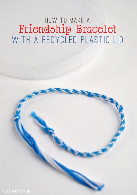 How to Make a Friendship Bracelet with a Recycled Plastic Lid Bracelets Patterns Easy, Make A Friendship Bracelet, Friendship Bracelets Patterns, Friendship Bracelet Patterns Easy, Make Friendship Bracelets, Rainbow Loom Bracelets, Bracelets Patterns, Strand Braid, Diy Friendship Bracelets Patterns