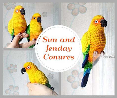 Crochet Conure Pattern Free, Conure Crochet Pattern, Crochet Parrot, Bird Crochet, Creepy Creatures, Crochet Bird Patterns, Crochet Sun, Funny Characters, Sun Conure