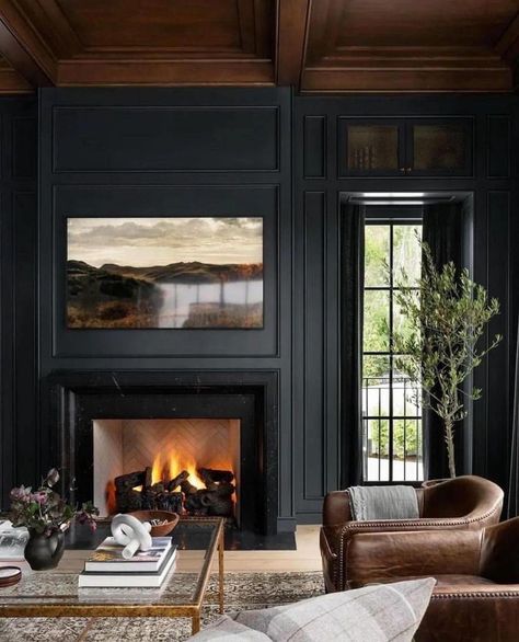 43 Best Living Room Decor Fireplace Ideas - Home Soils Dark Built Ins Living Room, Decor Fireplace Ideas, Dark Lounge, Dark Furniture Living Room, Dark Living Room Ideas, Built In Wall Units, Dark Wood Trim, Dark Accent Walls, Dark Living Room