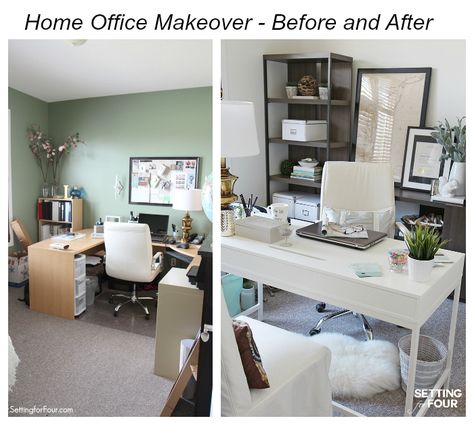 See my Home Office Makeover - before and after photos of the new paint color, new storage and furniture, new room layout and decor! www.Settingforfour.com Workspace Ideas, Home Office Makeover, Cheap Office Furniture, New Paint Colors, My Home Office, Makeover Before And After, House Deco, Office Makeover, Home Office Space