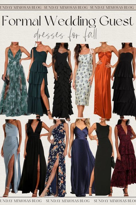 Looking for formal fall wedding guest dress ideas!? Here are the top wedding guest dresses of the season. Strapless black dresses with ruffles, emerald green one shoulder maxi dresses and stunning satin wedding guest dresses. So many formal dresses for Fall that are so flattering! Check out our latest post for more wedding guest dresses for Fall. Formal Fall Wedding Guest Dress, Fall Wedding Guest Dress Formal, Formal Fall Wedding Guest, Black Tie Wedding Guest Dress Fall, Formal Fall Wedding, Wedding Guest Dresses For Fall, Fall Formal Dresses, Black Tie Wedding Guest Dress, Dresses For Fall