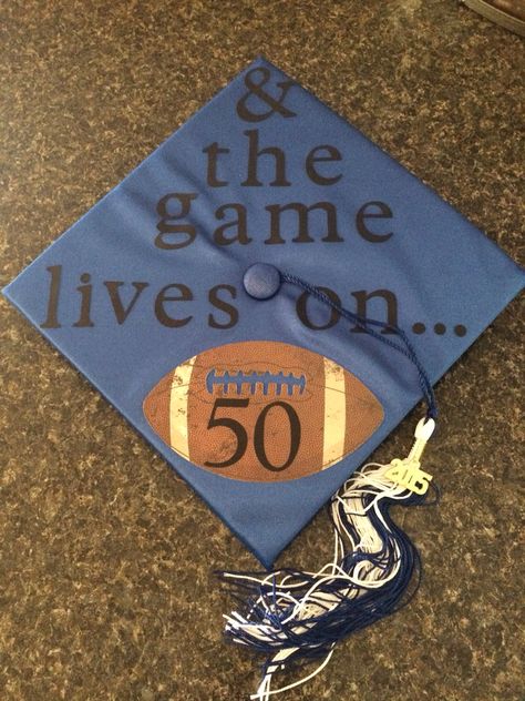 Boys Football Graduation Cap Football Grad Cap Ideas, Football Graduation Cap Ideas, Boy Cap Decoration Graduation, Decorated Graduation Caps For Guys, Boy Grad Cap Ideas, Sports Graduation Cap, Graduation Cap Designs Football, Cap Decoration Graduation Boys, Decorated Caps For Graduation Boys