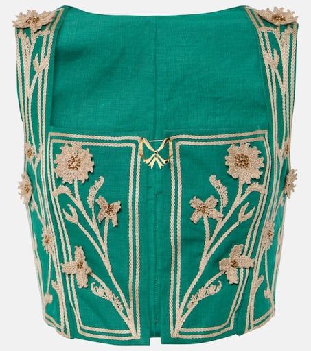 Coralina Esmeralda floral-appliqué crop top in green - Agua By Agua Bendita | Mytheresa Texture Embroidery, Fashion Course, Gilmore Girls Outfits, Leather Applique, Rahul Mishra, Green Floral Blouse, Product Placement, Fashion Courses, Spring Knits