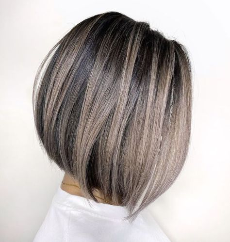 Balayage For Short Brown Hair, Mushroom Bronde Balayage Brunette, Herringbone Hair Color Technique, Balayage Hair Bob Short, How To Balayage, Gray Highlights, Balayage Lob, Balayage Short Hair, Gray Balayage