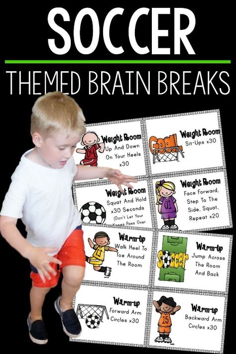 Soccer themed activities that make perfect brain breaks for the classroom!  They are also great for preschool gross motor, physical education, physical therapy, occupational therapy, or speech therapy!  Make brain breaks a part of everyday.  Use the soccer theme to engage your kids.  They will LOVE it! Preschool Gross Motor, Pediatric Physical Therapy Activities, Classroom Preschool, Sports Theme Classroom, Kinesthetic Learning, Homeschool Advice, Pediatric Physical Therapy, Fine Motor Activities For Kids, Soccer Theme