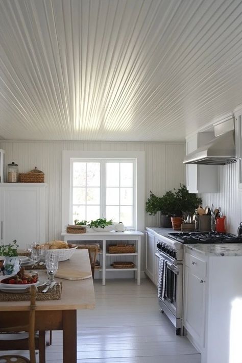 "Transform your space with the classic look of a DIY Beadboard Ceiling! 🛠️🪜 Ideal for creating a cozy and stylish atmosphere. 🌿✨ #CeilingDesign #DIYHome #BeadboardStyle" Floor To Ceiling Beadboard, Bead Board Wall, Ceiling Beadboard, Diy Beadboard, Bead Board Walls, Beadboard Backsplash, Beadboard Ceiling, Wooden Ceiling, Bead Board