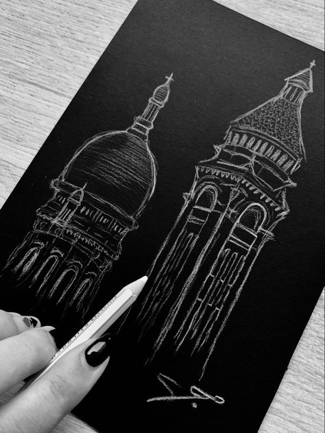 Architecture Drawing On Black Paper, White Pencil Sketch On Black Paper, White Sketch On Black Paper, France Sketch, Sacrecoeur Paris, Croquis Architecture, Black Sketchbook, Black Architecture, Bottle Drawing