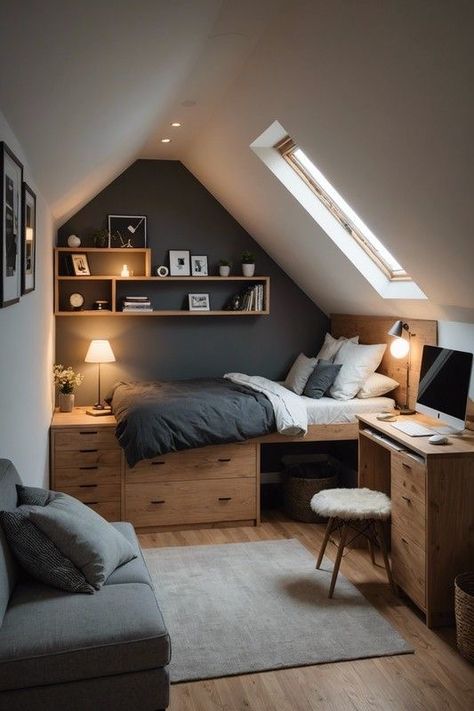 Loft Angled Ceiling, Platform Bed Attic Room, Industrial Attic Bedroom, Vaulted Attic Bedroom, Attic Split Into Two Bedrooms, Elevated Bedroom Design, Bedroom In Eaves, Attic Rooms Small, Small Window Room Ideas