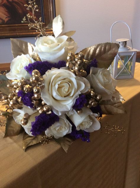 Purple and Gold Wedding Bouquet Purple And Gold Flowers, Dark Purple Wedding Theme, Purple Bridesmaid Bouquets, Gold Wedding Bouquets, Dark Purple Wedding, Vintage Bridal Bouquet, Purple And Gold Wedding, Purple Bridal Bouquet, Paris Theme Party