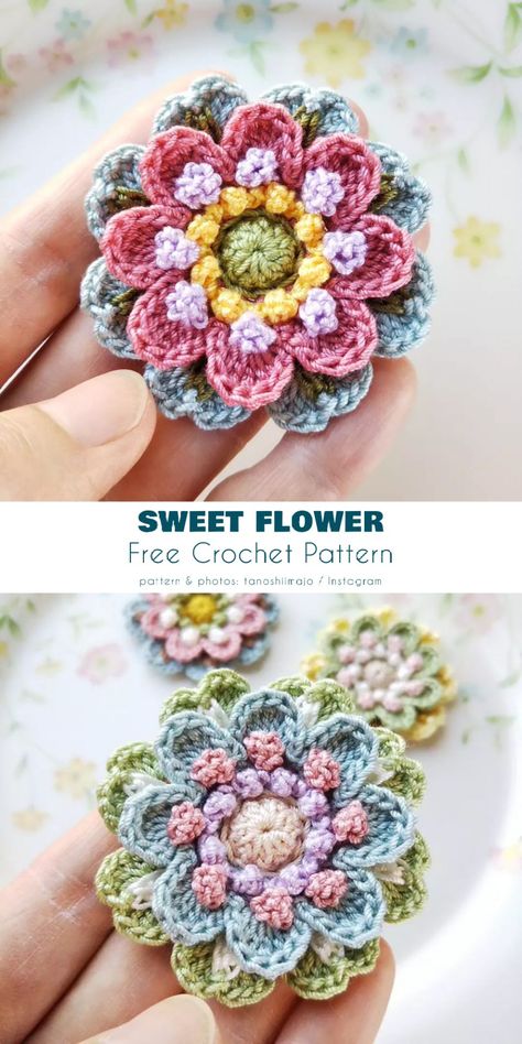 Oragami Mushrooms Step By Step, Ideas For Drawers Projects, Afgan Flower Crochet Pattern, Embroidery Flowers On Crochet, Projects With Crochet Thread, Crochet Flower Projects Ideas, Spring Flowers Crochet, Crochet Flower Dress Free Pattern, Three Color Crochet Pattern