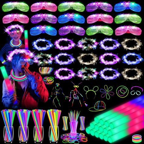 PRICES MAY VARY. 🎉Glow In The Dark Party Supplies: Honlyne glow in the dark party favors includes 14 pcs giant 16" foam glow sticks, 14 pcs LED glasses, 14 pcs light up headband feather and 100 pcs glow sticks bracelets. Bright colors with flashing lights are awesome for adults and kids, great party gifts for kids. 😁 Endless Fun: Our glow glasses come in 5 vibrant colors and offer 3 different flashing modes. With 100 super bright 8-inch glow sticks equipped with connectors, you can create any 10th Birthday Decoration Ideas, Glow Glasses, Princess Penelope, Foam Glow Sticks, Wedding Concert, Neon Party Supplies, Glowing Glasses, Led Glasses, Glow Stick Party