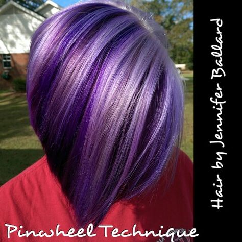 Alternating pinwheel technique using Rusk purple Schwarzkopf Lavender & Schwarzkoff Vario Blonde. Purple Hair For Dark Hair, Purple Hair With Silver Highlights, Winter Purple Hair, Blue Lavender Hair, Purple And Lavender Hair, Purple And Grey Hair, Grey And Purple Hair, Purple And Silver Hair, Purple Lowlights