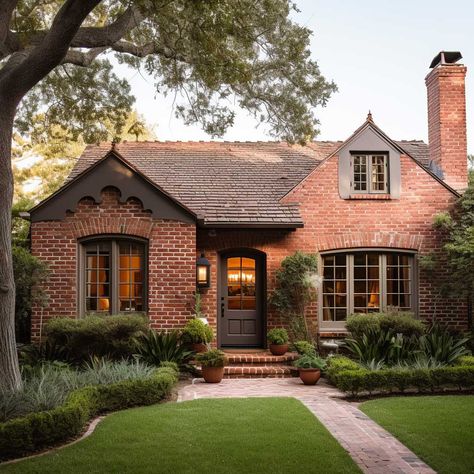 Red Brick Grey Trim, Brick House With Arched Windows, Dark Trim On Red Brick House, Tan And Green Exterior House, House Exterior Makeover On A Budget, Modern Face Brick House Exterior, Clinker Brick House Exterior, Tudor Renovation Exterior, Colonial Red Brick House Exterior