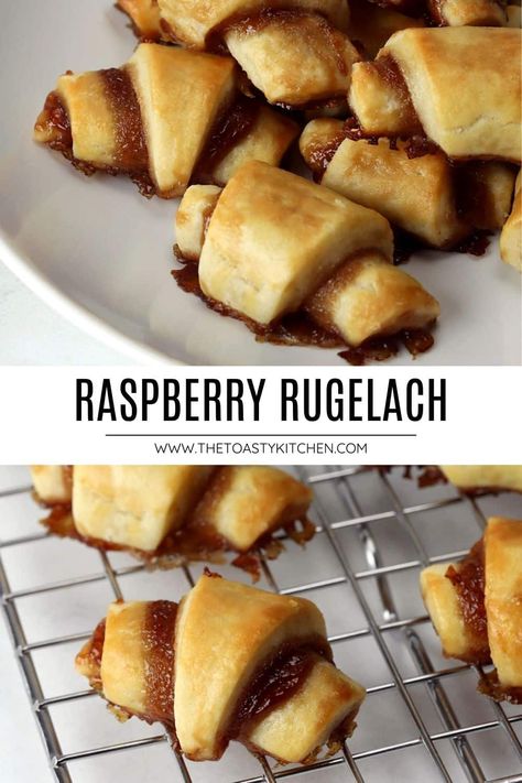 Raspberry rugelach by The Toasty Kitchen. Raspberry rugelach are buttery, flaky crescent-shaped pastries filled with raspberry jam. They're perfect for your next holiday cookie tray! #cookies #pastriesandpies #hanukkah #christmas Rugelach Recipe Raspberry, Jam Rugelach Recipe, Rugalech Recipes, Raspberry Rugelach Recipe, Raspberry Rugelach, Raspberry Shortbread Bars, Christmas Themed Drinks, Incredible Desserts, Rugelach Cookies