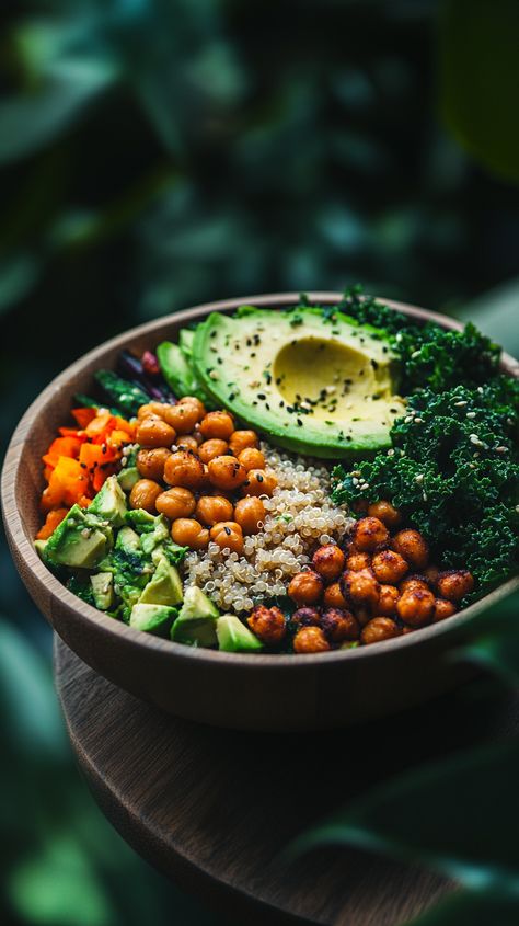 ✨ Discover the beauty of a Vibrant Vegan Buddha Bowl! 🌿 Filled with colorful quinoa, roasted chickpeas, kale, creamy avocado, and fresh veggies, this artful arrangement in a rustic bamboo bowl celebrates nourishing ingredients. 🍴 Captured in natural light, the textures and colors pop, creating a feast for the eyes! 🥗 Perfect for a healthy meal that looks as good as it tastes. Enjoy the warmth of nature-inspired backgrounds while indulging in this wholesome delight! 🌈 Vegan Vision Board, Raw Veggie Recipes, Plant Based Aesthetic, Superfood Meals, Vegan Aesthetic, Wild Kitchen, Health Soup, Bamboo Bowl, Vegan Buddha Bowl