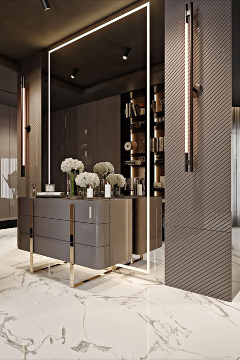 levate your closet with exquisite lighting that combines functionality and flair. Explore options that provide ample illumination for all your storage needs, creating a glamorous and efficient environment. Mirror Panelling Wall, Mirror Panelling, Classic House Interior Design, Luxxu Modern Design Living, Lobby Interior Design, Home Hall Design, Luxury Closets Design, Closet Layout, Lobby Interior