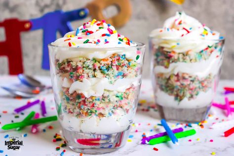 What makes every birthday party even better? More sprinkles! These fun semi-homemade Birthday Cake Parfaits are super easy to make, lots of fun, and full of classic birthday cake flavor and rainbow sprinkles. Birthday Cake Dessert Cups, Birthday Parfait, Birthday Cake Parfait Cups, 3 Layer Funfetti Cake, Rainbow Sprinkle Cake Birthdays, Southern Praline Cake, Fancy Funfetti Cake, Birthday Cake Confetti Sprinkles, Buttermilk Coffee Cake