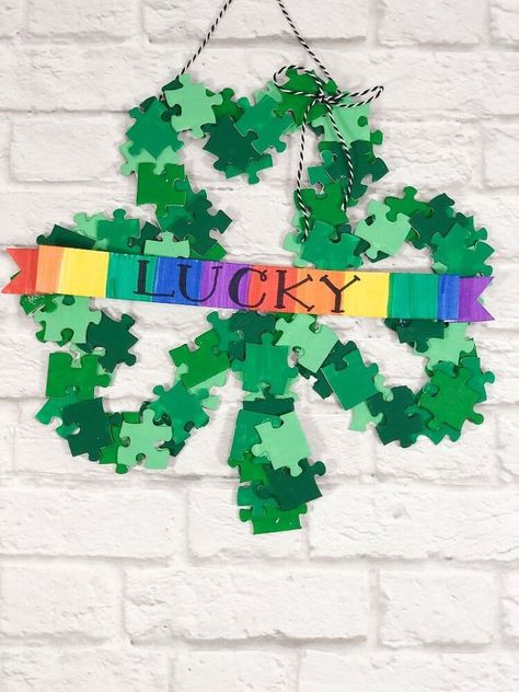 Paper Flowers Easy Kids, Make Paper Flowers Easy, Paper Flowers Easy, Adult Activities, Puzzle Piece Crafts, Shamrock Wreath, Front Door Diy, Shamrock Craft, Crafting Party