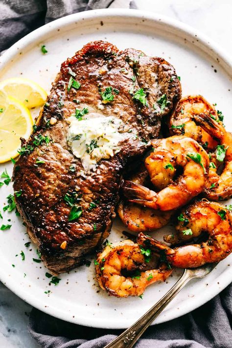 Skillet Garlic Butter Steak and Shrimp Steak And Shrimp Dinner, Steak Skillet, Good Steak Recipes, Skillet Steak, Garlic Steak, Butter Steak, Steak And Shrimp, The Recipe Critic, Garlic Butter Steak