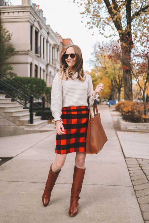 Buffalo Check Skirt - Kelly in the City Winter Fashion 2020, Preppy Fall Fashion, Styling Skirts, Outfit For Church, Outfits For Church, Kelly In The City, Plaid Skirt Outfit, Moms Fashion, Check Skirt