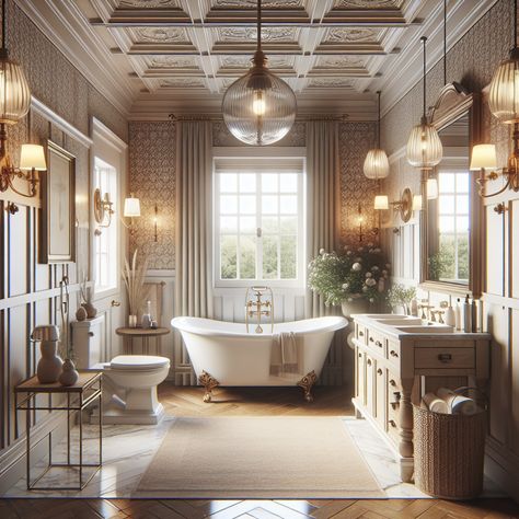 Additionally, include neutral colors accented by vintage patterns to encapsulate the warm and traditionally welcoming sensibility of the colonial era. Include also a white freestanding bathtub under a large window, as well as a spacious vanity with dual sinks and a large mirror. The floors should be made of marble for a touch of luxury. This scenario should serve as a perfect inspiration for a bathroom remodel. Bathroom In Bedroom Ideas, Victorian Homes Bathroom, Victorian Home Bathroom, Bathroom In Bedroom, Classic Bathroom Inspiration, French Bathroom, Classic Bathroom, Vintage Elegance, Clawfoot Tub