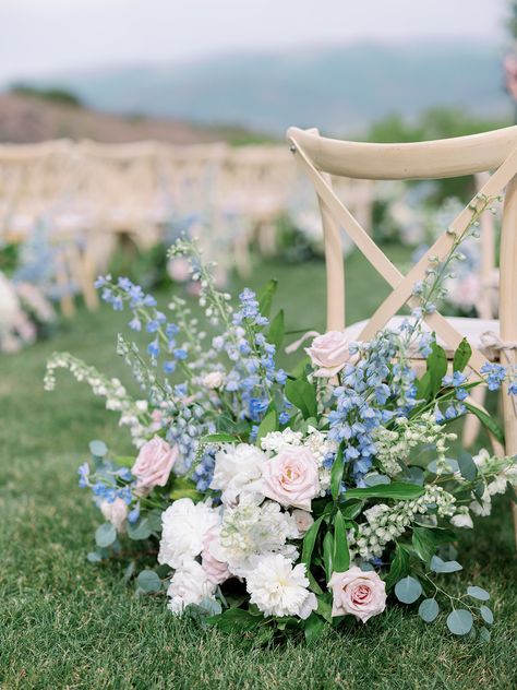 White peony, blush rose, blush spray rose, blue delphinium, lysimachia, white hydrangea, white delphinium ceremony aisle floral hedge Blue Hydrangea Pink Roses, Blue Delphinium Wedding, Wedding Ceremony Aisle Flowers, Floral Hedge, Delphinium Wedding, Ceremony Aisle Flowers, Rococo Wedding, Flowers Blue And White, White Delphinium