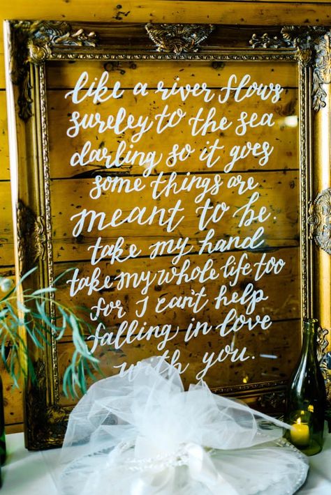 Navy and Gold Barn Wedding in Denver - First Dance Song Lyrics Wedding Sign - Calligraphy hand lettering Wedding Ideas Signs, Music Theme Wedding, Elvis Presley Lyrics, Theme Wedding Ideas, Rustic Signage, Elvis Wedding, Music Themed Wedding, Cant Help Falling In Love, Wedding Quotes