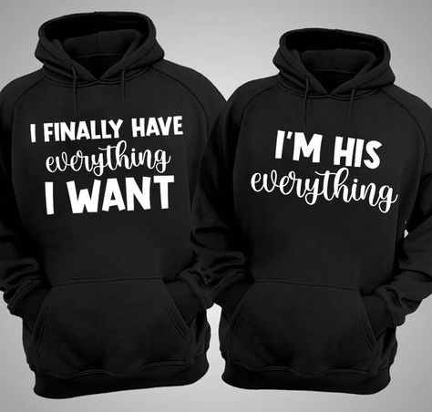 I Finally Have Everything I Want, I’m His Everything, Matching Couples, Couples, Cute Couples, Cute Matching Couples 8 oz 50/50 cotton/poly Air jet yarn creates a smooth, low-pill surface Double needle stitching; Pouch pocket; Unisex sizing Decoration type: Digital Print Made by Gildan Size Chart Couples Hoodies Ideas, Cute Black Couples Matching Outfits, Matching Outfits Couples, Cute Couple Hoodies, His And Hers Hoodies, Matching Couple Hoodies, Outfit For Couples, Couple Sweaters, Matching Hoodies For Couples