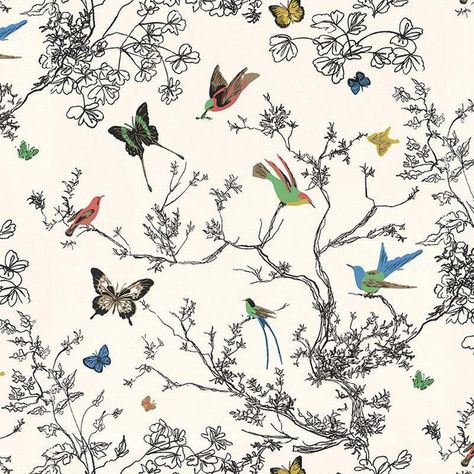 Schumacher Birds & Butterflies Luxe Wallpaper in Multicolor on White - 2-Roll Set (10 Yards) Butterflies Wallpaper, Wallpaper Warehouse, Schumacher Wallpaper, Birds And Butterflies, Plant Wallpaper, Bird Wallpaper, Wallpaper Rolls, Bathroom Wallpaper, The Grove