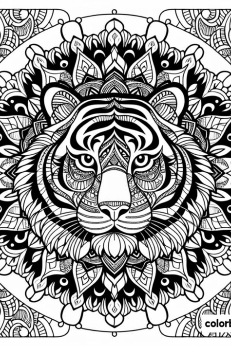 Unlock your creativity with this amazing free printable Tiger Mandala coloring page! Featuring an intricate design of a majestic tiger's face surrounded by beautiful patterns, this coloring page is perfect for both kids and adults. Grab your coloring tools and let your imagination run wild as you bring this striking animal mandala to life with your favorite colors. Perfect for mindfulness, relaxation, and creativity unleashing. Download and print it today for your coloring fun! Jungle Coloring Pages, Forest Coloring Pages, Animal Mandala, Enchanted Forest Coloring, Forest Color, Mandala Designs, Symbols And Meanings, Tiger Face, Cat Cafe