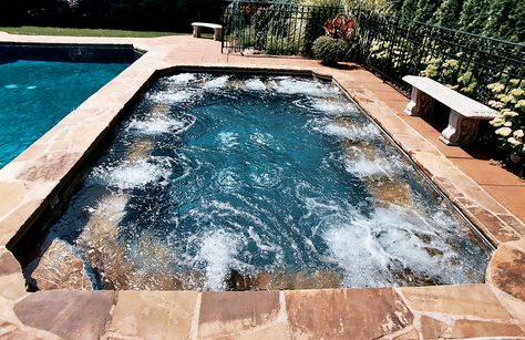 Gunite Spas | Blue Haven Pools.  Do you live in southeast Florida?  Call 561-210-5606 or e-mail ksmith@bluehaven.com for more information. Pool Ideas With Hot Tub, Gunite Pool Ideas, Spa Pictures, Inground Hot Tub, Inground Spa, Blue Haven Pools, Luxury Pools Backyard, Swimming Pool Pictures, Pool Pictures