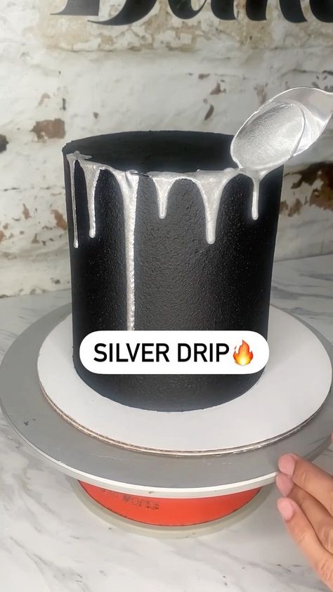 everythingjustbaked on Instagram: Are we feeling the silver drip? Or is gold better ? 🤔🔥 The silver on the black definitely pops and it’s a vibe to me! Whenever I have a… Silver And Black Cake Birthday, Black And Silver Cake Ideas, Black Ombre Cake, Black And Silver Cakes Birthday, Black And Silver Birthday Cake, Silver Drip Cake, Black And Silver Cake, Black Drip Cake, Bolo Drip Cake