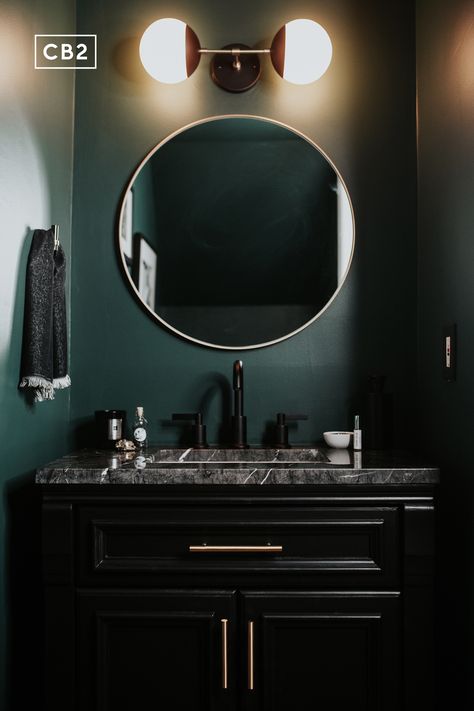 How artist Meg Biram recreated a "sexy hotel" vibe at home. Dark Green Powder Room, Green Powder Room, Powder Room Renovation, Dark Green Bathrooms, Modern Powder Rooms, Dark Bathrooms, Bad Inspiration, Powder Room Design, Modern Toilet