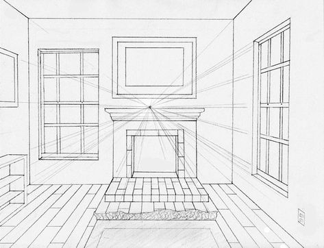 One Perspective Drawing, One Point Perspective Room, Room Perspective Drawing, Window Drawings, Bedroom Architecture, Interior Fireplace, Perspective Room, Fireplace Bedroom, Fireplace Drawing