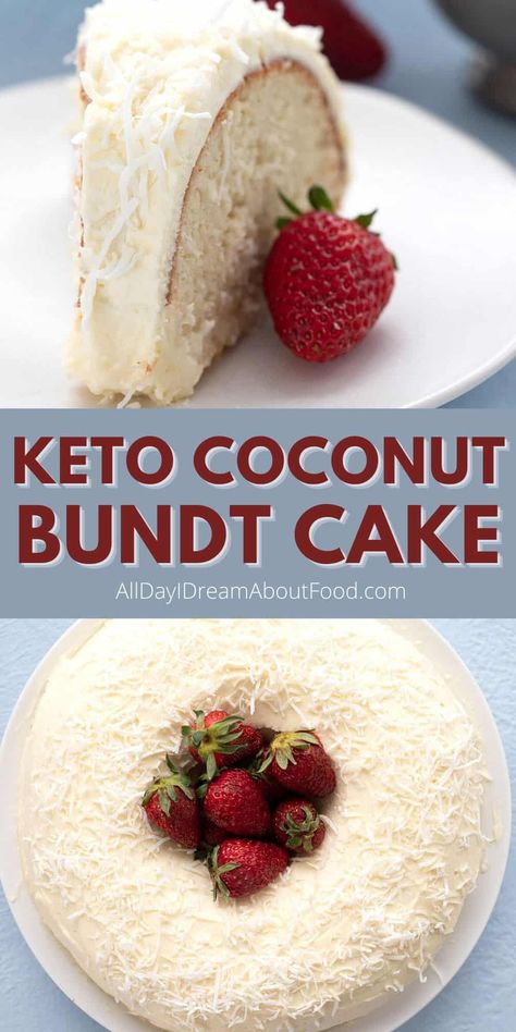 What could be better than this fluffy white Keto Coconut Cake? It's easy to make, and it's so light and airy, it's like biting into a fluffy coconut cloud. Nut-free and sugar free. Keto Cakes Easy, Keto Coconut Cake Recipe, Keto White Cake Recipes, Keto Coconut Desserts, Healthy Coconut Cake, Carolyn Ketchum Keto Recipes, Keto Cloud Cake, Keto Cakes Recipes, Alldayidreamaboutfood Keto