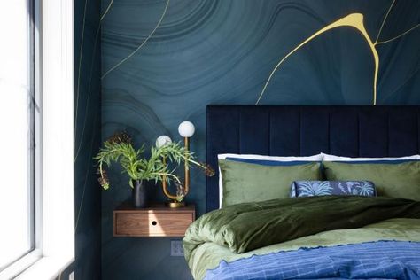 Maximalist Modern, Blue Bedroom Colors, Navy Bedrooms, Navy Blue Bedrooms, Hgtv Dream Home, Blue Cornflower, Bold Wallpaper, Gorgeous Bedrooms, Black And White Tiles