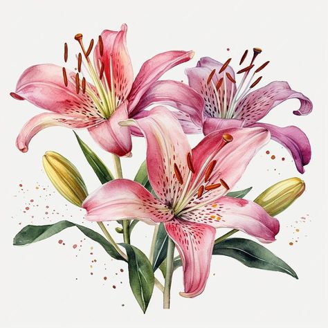 Premium Photo | Watercolor pink lily isolated on a white background Watercolor Lilies, Asian Lilies, Bouquet Clipart, Scrapbook Images, Watercolor Wildflowers, Lily Bouquet, Stargazer Lily, Flowers Watercolor, Botanical Watercolor