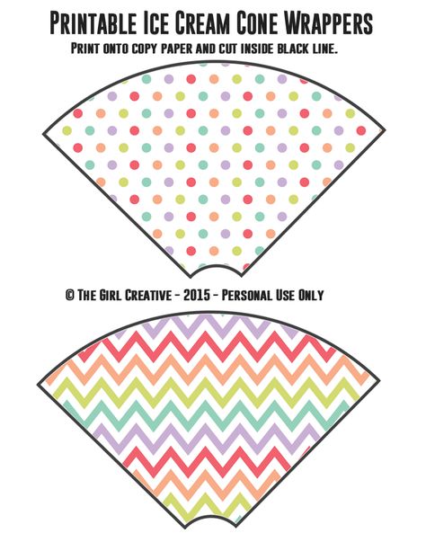 Ice Cream Cone Wrappers - Multicolor Polkadots and Chevron Ice Cream Paper Craft Free Printables, Ice Cream Party Printables Free, Build An Ice Cream Cone Printable, Free Ice Cream Cone Printable, Ice Cream Cone Pattern Template, Ice Cream Cone Wrappers, Cone Wrappers, Popcorn Brands, Ice Cream Holder