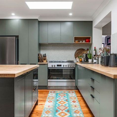 Frenchs Forest - Contemporary - Kitchen - Sydney - by Houseace | Houzz AU Wooden Benchtop Kitchen, Kitchen Wooden Floor, Wood Benchtop, Wooden Benchtop, Grey Splashback, Kitchen 2023, Closed Kitchen, Tile Splashback, Flat Panel Cabinets